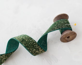 Bottle Green + Metallic Gold Swiss Glitter Velvet Ribbon • 3/8" • 5/8" • 7/8"