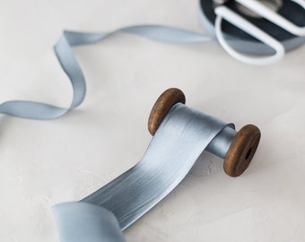 Blue Gray Bias-Cut Hand-Dyed Silk Charmeuse Ribbon • 1/2&quot; • 5/8&quot; • 1&quot; •  1.5&quot; • 2.5&quot;