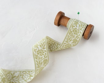 Sage Green + Cream Floral Mirrored Woven Jacquard Ribbon • 1.25&quot;