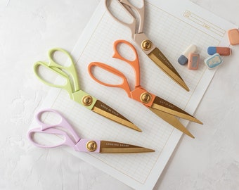 Painted Metal Crafting Scissors w/ Gold Details + Etched Slogan • 7-3/4" • Beige Taupe / Poppy Orange / Matcha Green / Lavender Purple