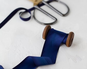 Deep Cobalt Blue Variegated Bias-Cut Hand-Dyed Silk Charmeuse Ribbon • 1/2" • 5/8" • 1" •  1.5" • 2.5"