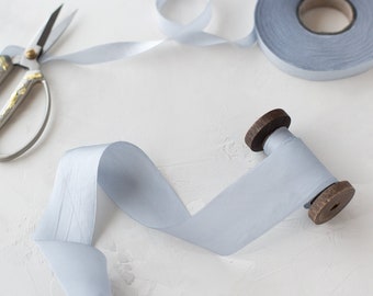 Ice Blue Gray Bias-Cut Hand-Dyed Silk Charmeuse Ribbon • 1/2" • 5/8" • 1" •  1.5" • 2.5"