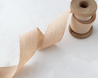 Natural + Gold Metallic Lightly-Wired Linen-Look Ribbon • 1" • 1.5"