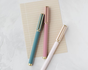 Muted Tones Soft Touch Felt Tip Black Ink Pen Set w/ Metallic Gold Accents • Dusty Teal / Dusty Pink / Pale Pink