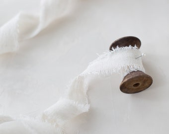 Antique Ivory Linen-Cotton Blend Frayed Edge Ribbon • 1" • 1.5"