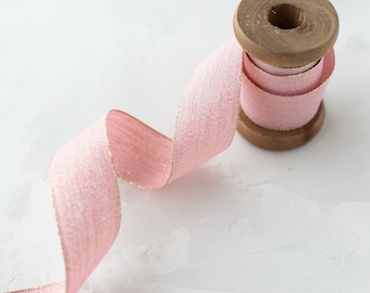 Pink + Gold Metallic Lightly-Wired Linen-Look Ribbon • 1" • 1.5"