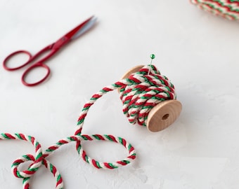 Extra Chunky Red + Natural + Green Metallic Twine on Wood Spool • 5 yards