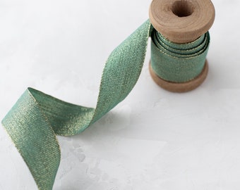 Antique Green + Gold Metallic Lightly-Wired Linen-Look Ribbon • 1" • 1.5"