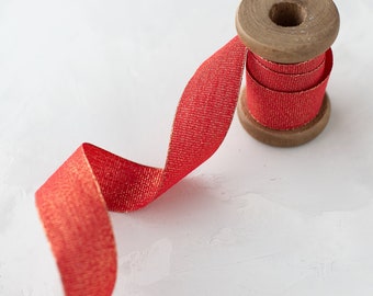 Red + Gold Metallic Lightly-Wired Linen-Look Ribbon • 1" • 1.5"