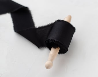 Black Frayed Edge Faux Charmeuse Silk Ribbon • 1.5"