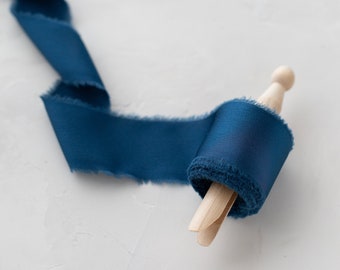 Sea Blue Frayed Edge Faux Charmeuse Silk Ribbon • 1.5"