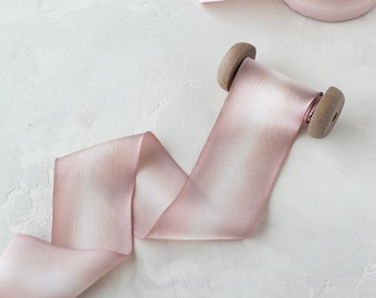 Rosy Blush Pink Edge + White Variegated Bias-Cut Hand-Dyed Silk Charmeuse Ribbon • 1.5" • 2.5"