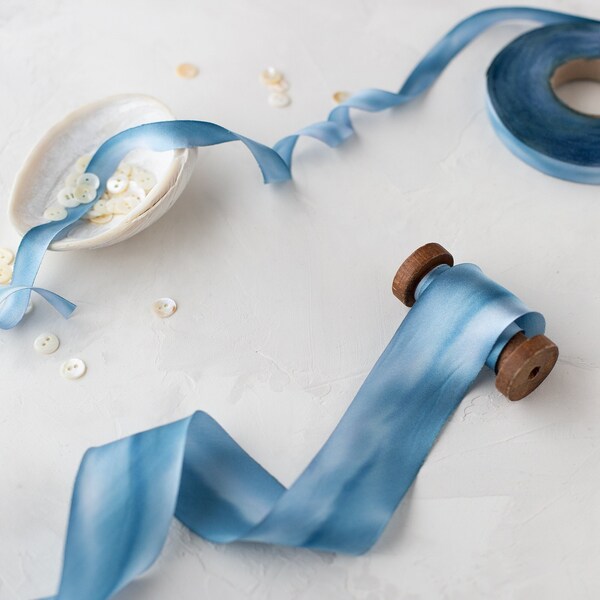 Sea Blue Variegated Bias-Cut Hand-Dyed Silk Charmeuse Ribbon • 1/2" • 5/8" • 1" •  1.5" • 2.5"