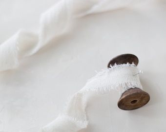 Antique Ivory Linen-Cotton Blend Frayed Edge Ribbon • 1" • 1.5"