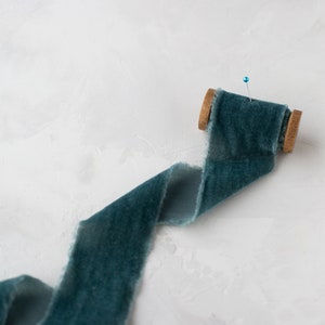 Deep Dusty Teal Velvet Ribbon (3 yards): Hand-Dyed, Frayed Edge • 1.25" • 2"