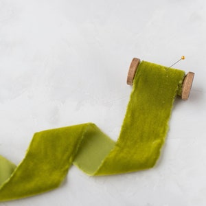 Lime Chartreuse Velvet Ribbon (3 yards): Hand-Dyed, Frayed Edge • 1.25" • 2"