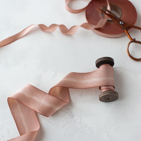 Rose Taupe Variegated Bias-Cut Hand-Dyed Silk Charmeuse Ribbon • 1/2" • 5/8" • 1" •  1.5" • 2.5"