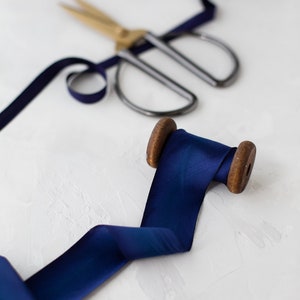 Deep Cobalt Blue Variegated Bias-Cut Hand-Dyed Silk Charmeuse Ribbon 1/2 5/8 1 1.5 2.5 image 1