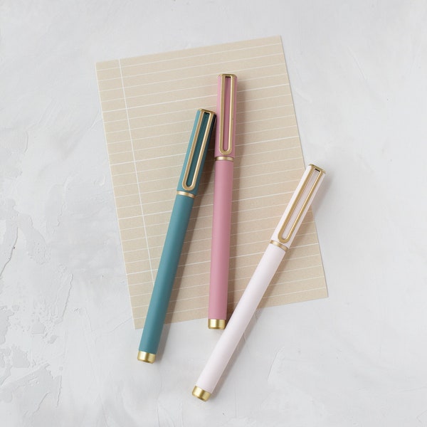 Muted Tones Soft Touch Felt Tip Black Ink Pen Set w/ Metallic Gold Accents • Dusty Teal / Dusty Pink / Pale Pink