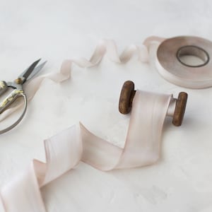 Cream Beige + Mauve Variegated Bias-Cut Silk Charmeuse Ribbon: Hand-Dyed, Raw Edge • 1/2&quot; • 5/8&quot; • 1&quot; •  1.5&quot;