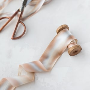 Rose Peach Beige + Gray Variegated Bias-Cut Silk Charmeuse Ribbon: Hand-Dyed, Raw Edge • 1/2&quot; • 5/8&quot; • 1&quot; •  1.5&quot; • 2.5&quot;