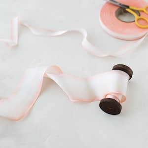 Rose Peach Edge + Beige Variegated Bias-Cut Hand-Dyed Silk Charmeuse Ribbon • 1/2&quot; • 5/8&quot; • 1&quot; •  1.5&quot; • 2.5&quot;