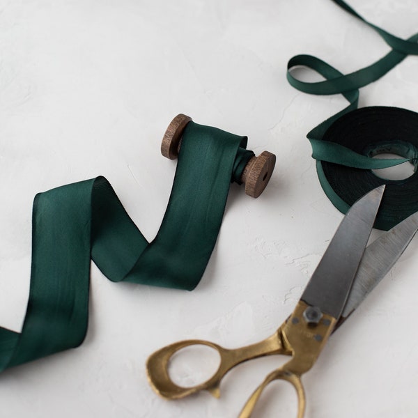 Evergreen Bias-Cut Hand-Dyed Silk Charmeuse Ribbon • 1/2" • 5/8" • 1" •  1.5" • 2.5"