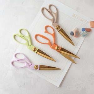 Painted Metal Crafting Scissors w/ Gold Details + Etched Slogan • 7-3/4&quot; • Beige Taupe / Poppy Orange / Matcha Green / Lavender Purple