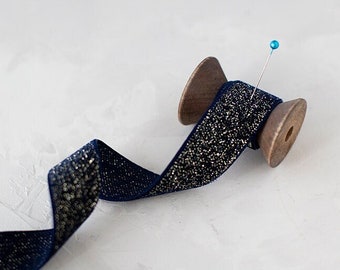 Navy Blue + Metallic Gold Schweizer Glitzersamtband • 3/8" • 5/8" • 7/8"