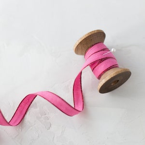 Fuchsia Pink + Red Metallic Edge Italian Cotton Ribbon • 3/8&quot;