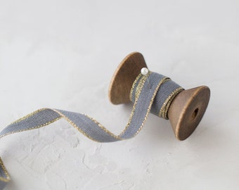 Gravel Gray + Gold Metallic Edge Italian Drittofilo Cotton Ribbon • 3/8"