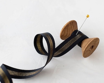 Black + Gold Metallic Stripe Grosgrain Ribbon • 5/8"