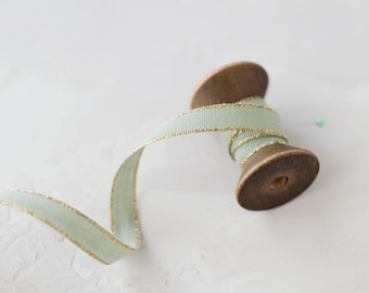 Sage Green + Gold Metallic Edge Italian Cotton Ribbon • 3/8&quot;