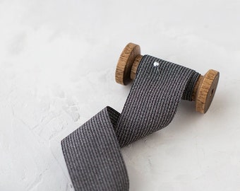 Black + Gray Striped Washed Faux Linen Ribbon • 1.5"