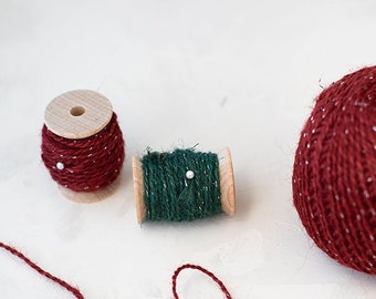 Metallic Jute Twine on Wood Spool • 10 yards • Deep Red + Silver / Green + Silver