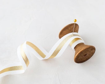 White + Gold Metallic Stripe Grosgrain Ribbon • 5/8"