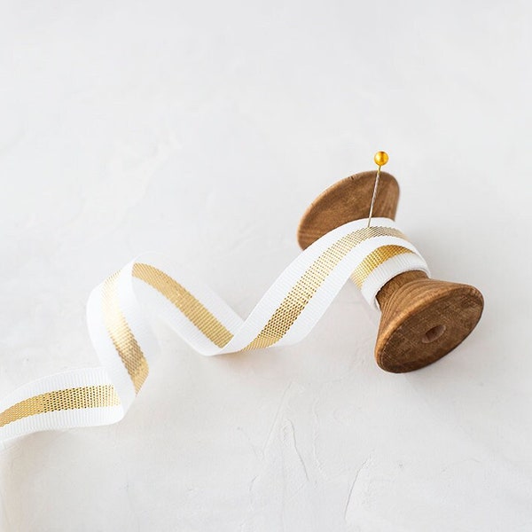 White + Gold Metallic Stripe Grosgrain Ribbon • 5/8"