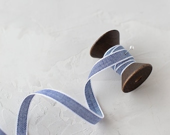 Navy Blue + White Edge Italian Drittofilo Cotton Ribbon • 3/8"