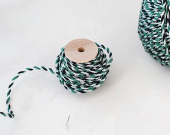 Chunky Green + Black + Silver Metallic Twine on Wood Spool • 10 yards