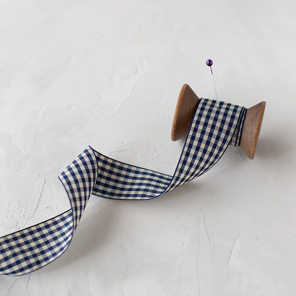 Navy Blue + Beige Checked Taffeta Ribbon • 3/8" • 5/8" • 1" • 1.5"