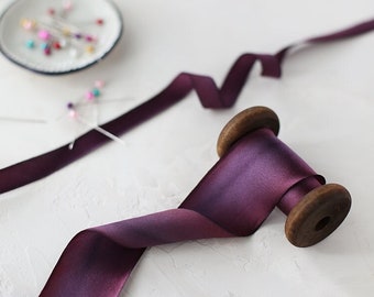 Dusty Plum Wine Variegated Bias-Cut Hand-Dyed Silk Charmeuse Ribbon • 1/2" • 5/8" • 1" •  1.5" • 2.5"