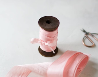 Soft Pink Habutai Silk Ribbon: Hand-Dyed, Woven Edge • 1/8" • 1/4" • 1/2" • 1.25"