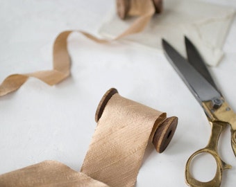 Gold Taupe Bias-Cut Dupioni Silk Ribbon • 3/4" • 2"