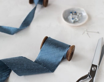 Smoke Blue Gray Bias-Cut Dupioni Silk Ribbon • 3/4" • 2"