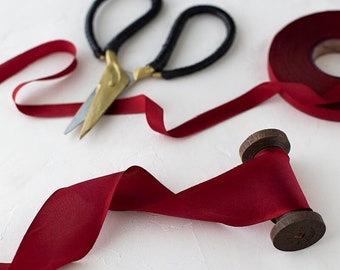 Deep Red Bias-Cut Hand-Dyed Silk Charmeuse Ribbon • 1/2" • 5/8" • 1" •  1.5" • 2.5"