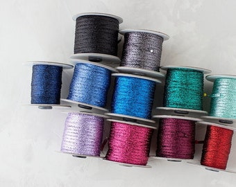 Metallic Italian Braided Lamé Ribbon • 1/8" • Emerald Green / Aquamarine / Peacock / Midnight Blue / Black / Dark Gray / Berry Wine / Red