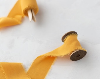 Marigold Yellow Frayed Edge Faux Silk Chiffon Ribbon • 1.5"