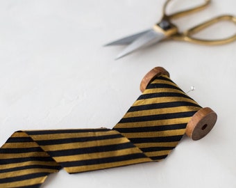 Black + Antique Gold Stripe Bias-Cut Gala Dupioni Silk Ribbon • 2"