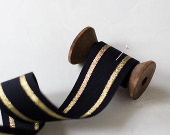 Gold Metallic + Black Double Stripe Italian Cotton Ribbon • 1.5"