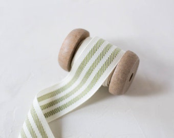 Olive Moss Green + Ivory Triple Stripe Woven Ribbon • 1.25"